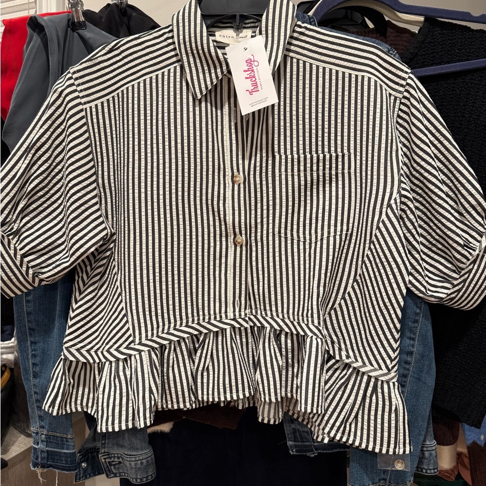 Entro Black and White Striped Button Down Shirt